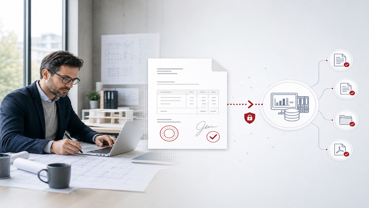 Profesyonel hizmetten elektronik serbest meslek makbuzuna, güvenli iletime ve muhasebe veya ERP bağlantısına uzanan kurumsal e-SMM akışı