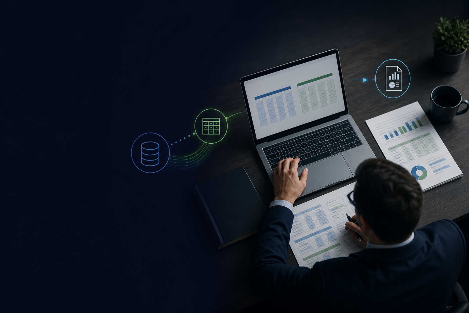 Logo ERP verisinin Excel tabanlı raporlara ve senaryo karşılaştırmalarına dönüşümünü çağrıştıran markasız kurumsal raporlama kompozisyonu