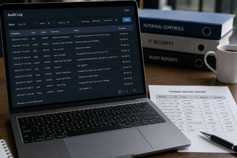 ERP işlem geçmişi ve denetim log konsolu — loglama ve audit trail bağlamı