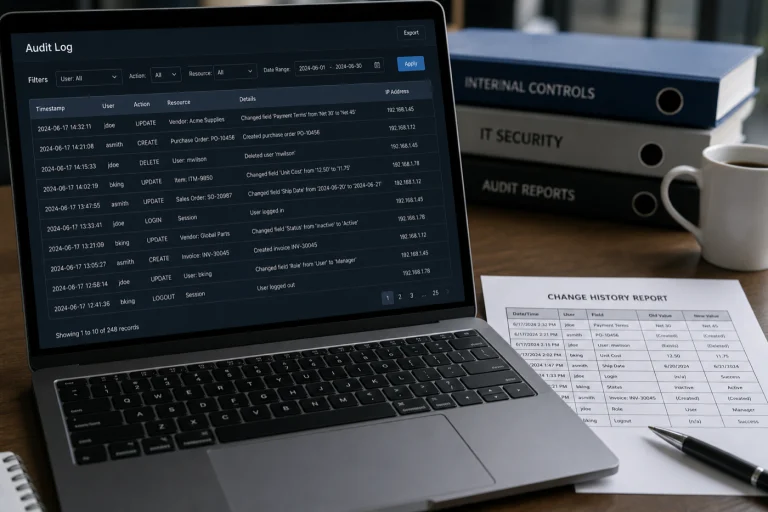 ERP işlem geçmişi ve denetim log konsolu — loglama ve audit trail bağlamı