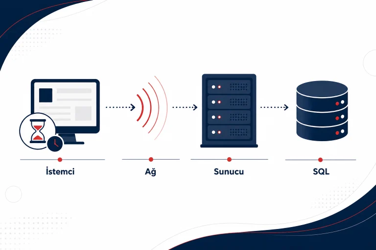 Logo ERP yavaş açılışında istemci, ağ, sunucu ve SQL katmanlarını ayıran kurumsal teşhis görseli