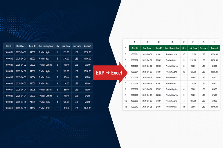 Logo ERP verilerinin Excel tablosuna aktarımını gösteren kurumsal görsel