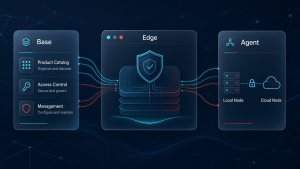 Logo Base ve Agent — Edge erişim ve yönetim ilişkisini gösteren markasız illüstrasyon