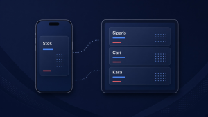 Logo Edge Mobil — telefon ve tablette stok, sipariş, cari ve kasa kartlarını gösteren markasız illüstrasyon