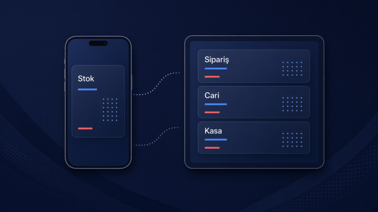 Logo Edge Mobil — telefon ve tablette stok, sipariş, cari ve kasa kartlarını gösteren markasız illüstrasyon